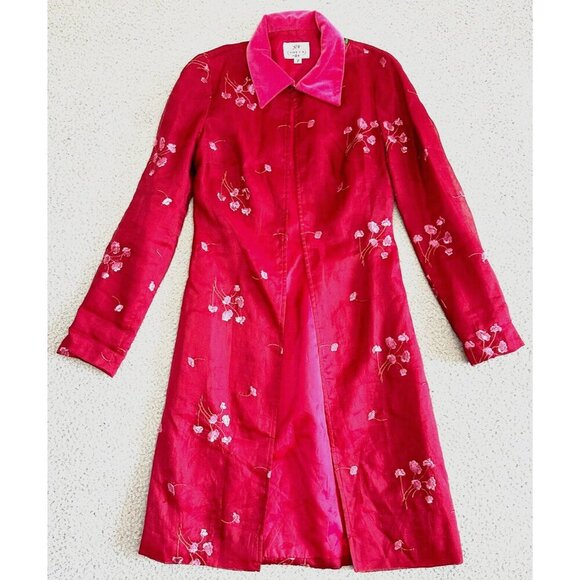 Tocca Embroidered Winter Dress Silk Coat Pink Burgundy Designer Feminine - Picture 1 of 16